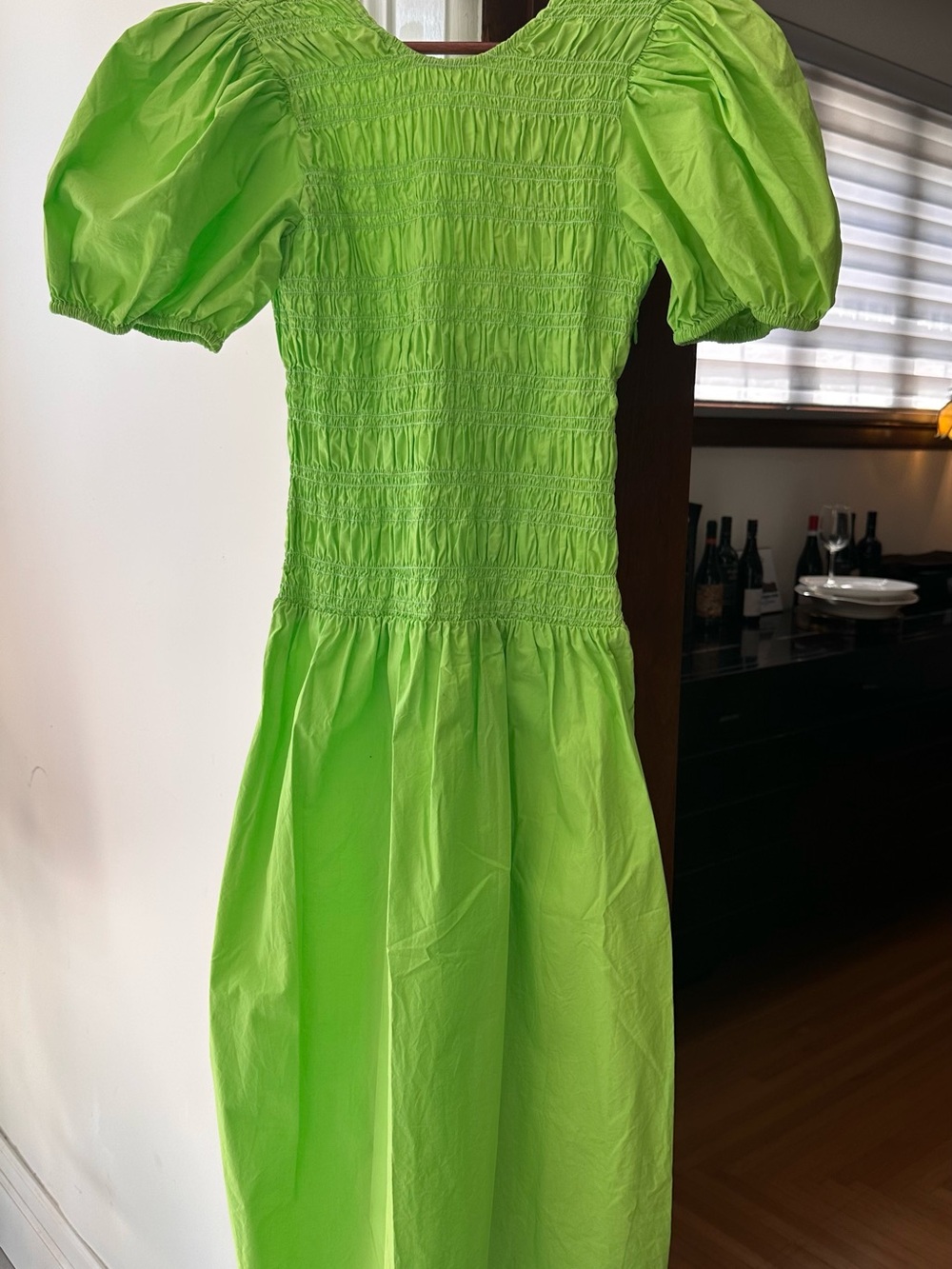 Ganni Neon Green Smocked Dress with Puff Detail